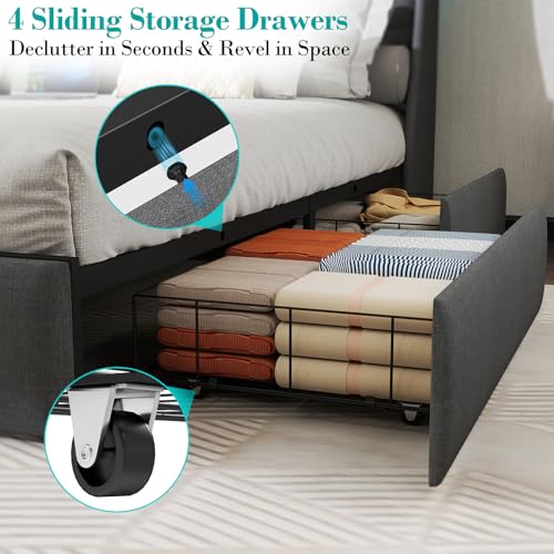 Queen Bed Frame with 2 Storage Drawers, Platform Bed Frame Queen Size with LED Light, Upholstered Headboard, Charging Station, Steel Slat Support