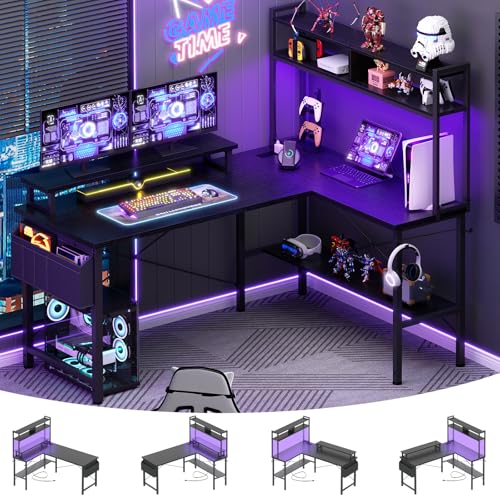 Aheaplus L Shaped Gaming Desk with Power Outlets & LED Lights, Small L- Shaped Desk Computer Corner Desk with Monitor Stand & Storage Shelf