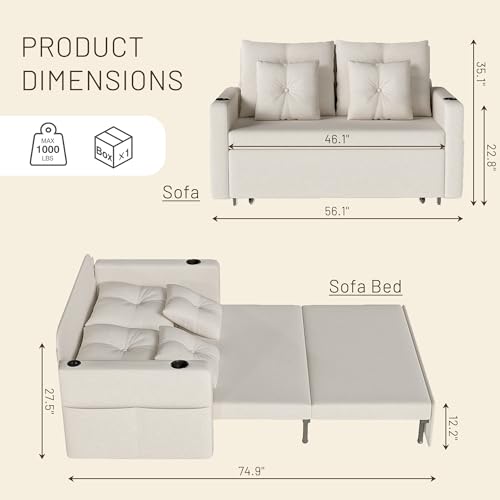 3 in 1 Pull Out Couch, 56 Inch Convertible Sleeper Sofa Bed, Loveseat Sofa with Cup Holders, USB, Sofa Couches for Living Room, Bedroom, Apartment
