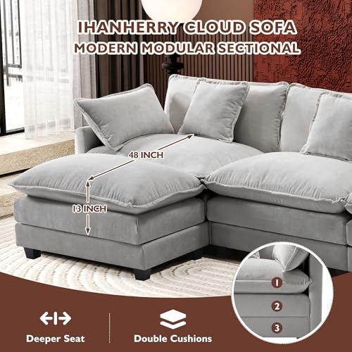 Ihanherry 111.4" U Shaped Modern Cloud Sofa Modular Sectional Couch with 2 Ottoman, 5-Seat Chenille Deep Seat Sofa with Pillow for Living Room