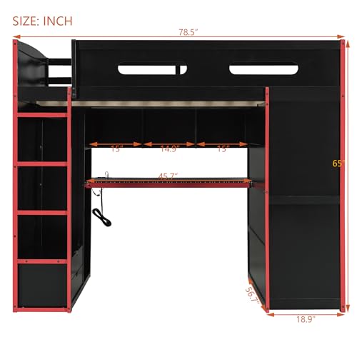 Modern Full Size Gaming Loft Bed with Built-in Desk and Storage Wardrobe, Wood Loft Bed Frame with Light Strip and 2 Drawers