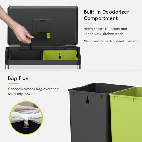EKO EcoCasa II 36L+24L Dual Trash Can with Recycle Bin, Stainless Steel Garbage Can with Lid, Deodorizer Compartment