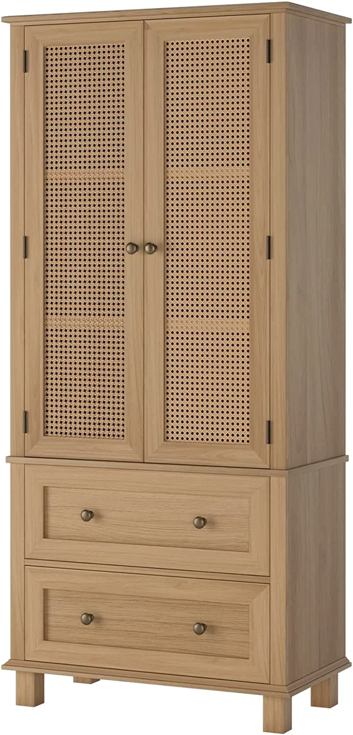 Kitchen Pantry Storage Cabinet, Tall Cabinet with Rattan Doors and 2 Drawers, Freestanding Cupboard with Adjustable Shelves