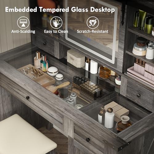 HOMCOM Farmhouse Vanity Desk with Mirror, LED Lights Makeup Vanity Table with 42 Inch Glass Tabletop, Cushioned Stool, Drawers & Shelves & Cabinet