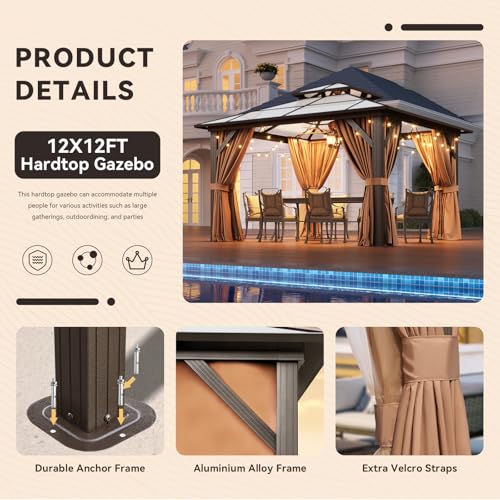 Aoxun 12'x16' Hardtop Gazebo, Aluminum Frame Permanent Pavilion with Netting and Curtains, Outdoor Polycarbonate Double Roof Canopy