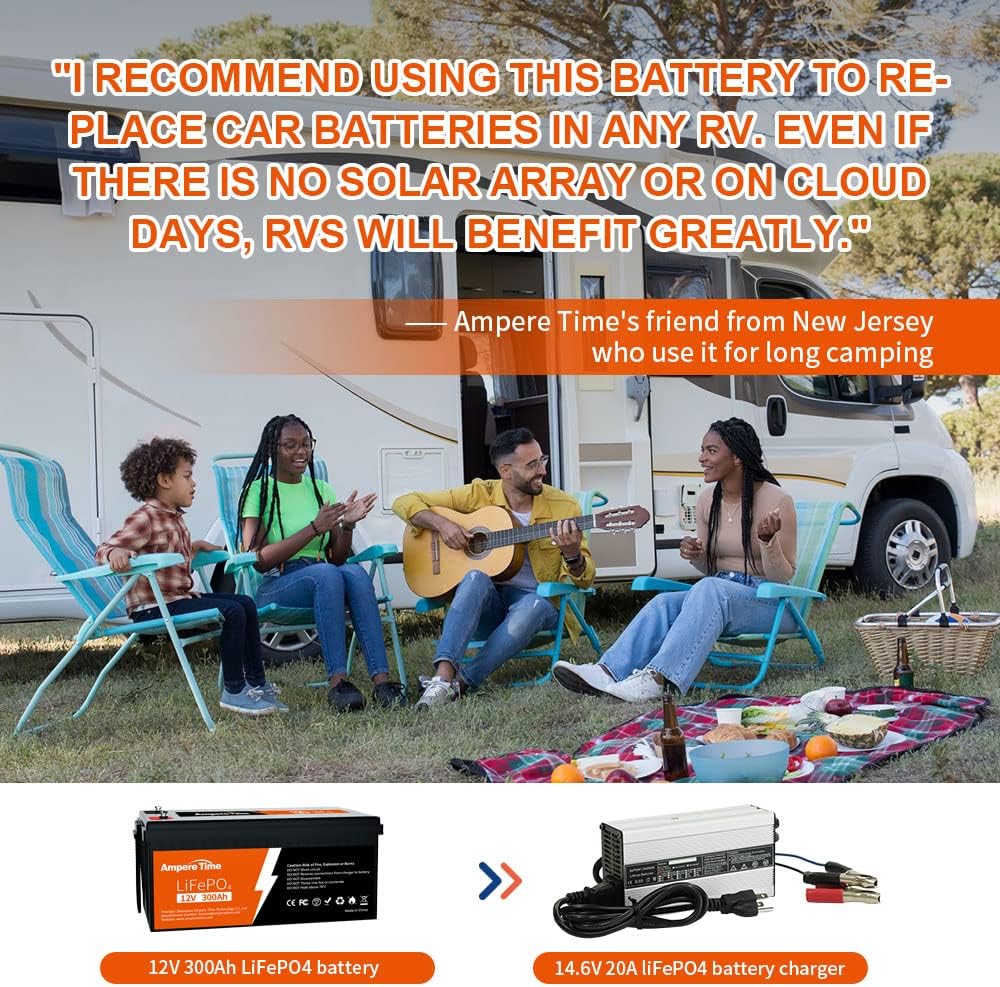 Ampere Time 12V 300Ah LiFePO4 Battery with 14.6V 20A Dedicated Lithium Battery Charger, Max 2560W Power Output, Built-in 200A BMS, 4000+ Cycles