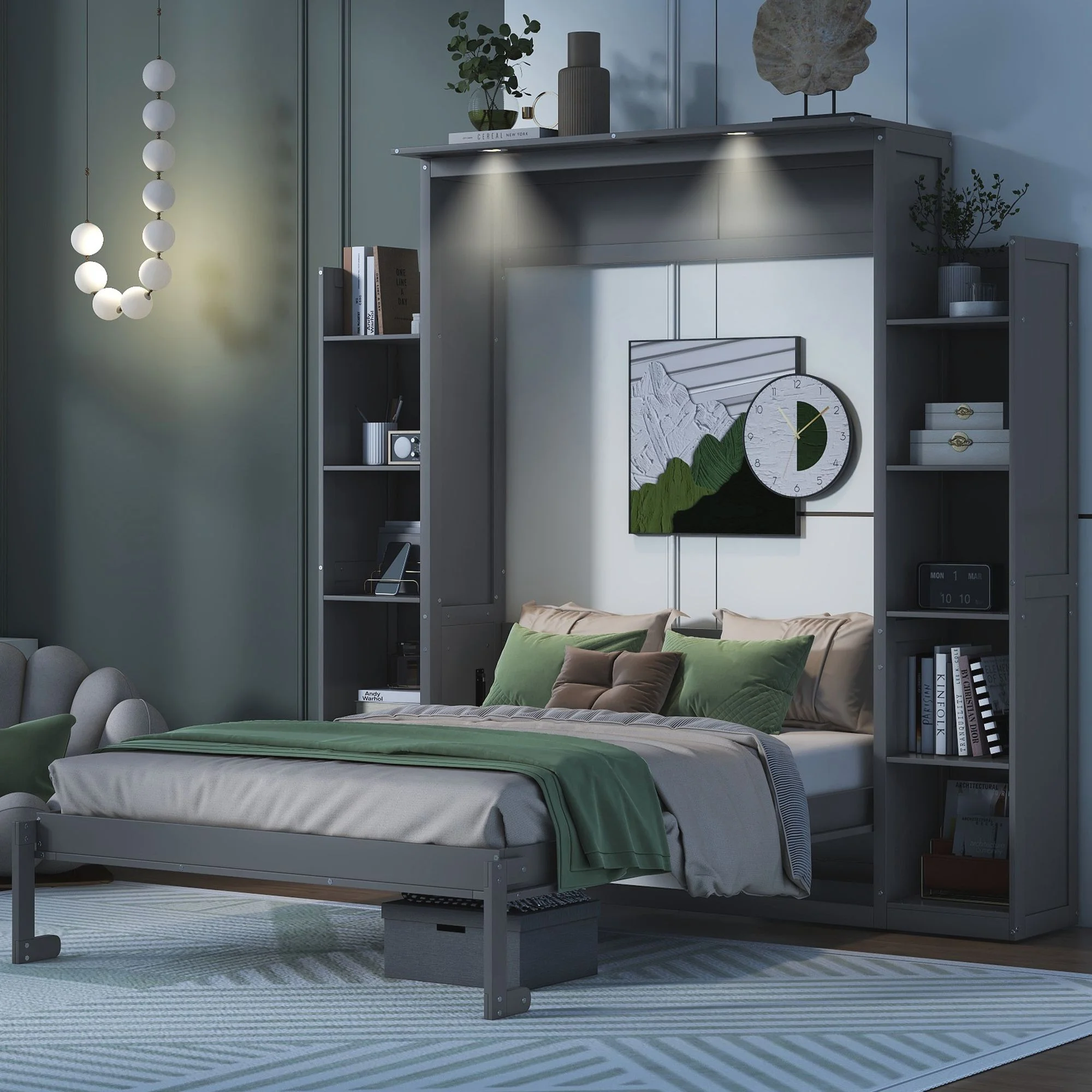 Practical Design Solid Wood Bed Frame Murphy Bed Wall Bed with Shelves and LED Lights, Platform Bed Frame, Mid Century Bedframe, Wood Foundation(Gray