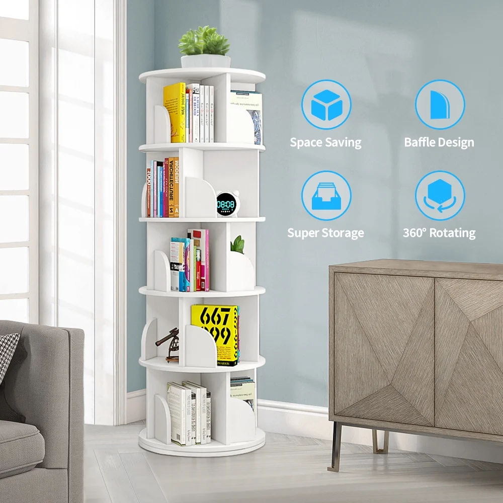 bimiti 5 Tier Rotating Bookshelf, 360° Revolving Bookcase 20 Shelves Floor-Standing Storage Display Rack - White 63"x18"x18"