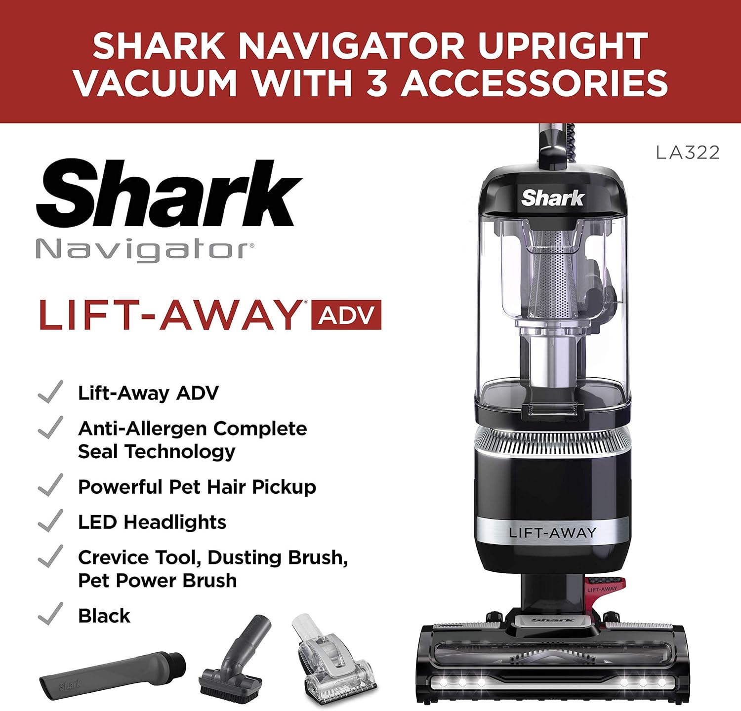 Shark LA322 Navigator Lift-Away ADV Corded Lightweight Upright Vacuum with Detachable Pod Pet Power Brush, Crevice Tool and Dusting Brush