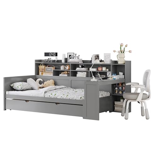 Corner Twin Bed Frame with Bookcase Storage and Desk, Wood Day Beds with 2 Drawers, Twin Size Daybed with Storage for Living Room