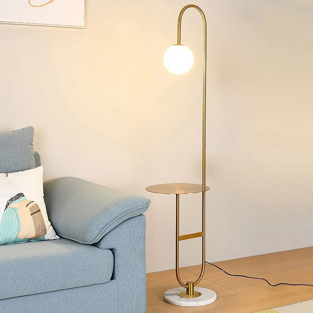 Homary 60" Modern Arc Floor Lamp with Shelf in Gold with Glass Shade & Marble Base for Living room Bedroom and Game Room