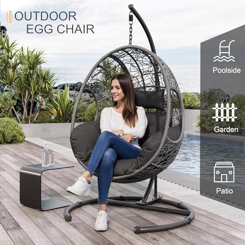 Oversized Hanging Egg Chair Outdoor Indoor, Wicker Swing Egg Chair with Stand 400lbs Capacity for Bedroom, Patio, Garden and Balcony (Beige-nest
