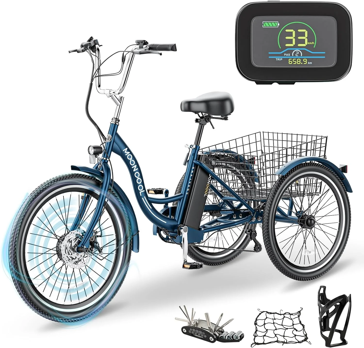 MOONCOOL 350W Motorized Electric Trike, 7 Speed 3 Wheel Electric Bicycle with 36V 14.5Ah Lithium Battery UL Certified
