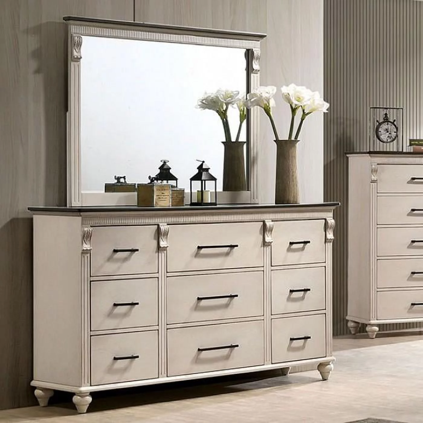 Transitional Antique White Solid Wood Queen Bedroom Set 6pcs FOA CM7182 Agathon