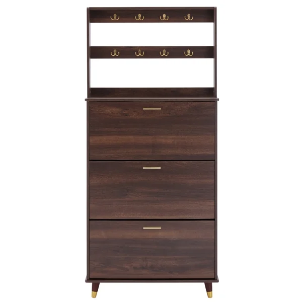 SYTHERS Wardrobe Armoire Closet for Bedroom Entryway, Hall Tree Coat Rack Freestanding with 12 Hooks & 3 Shoe Cabinets, Brown