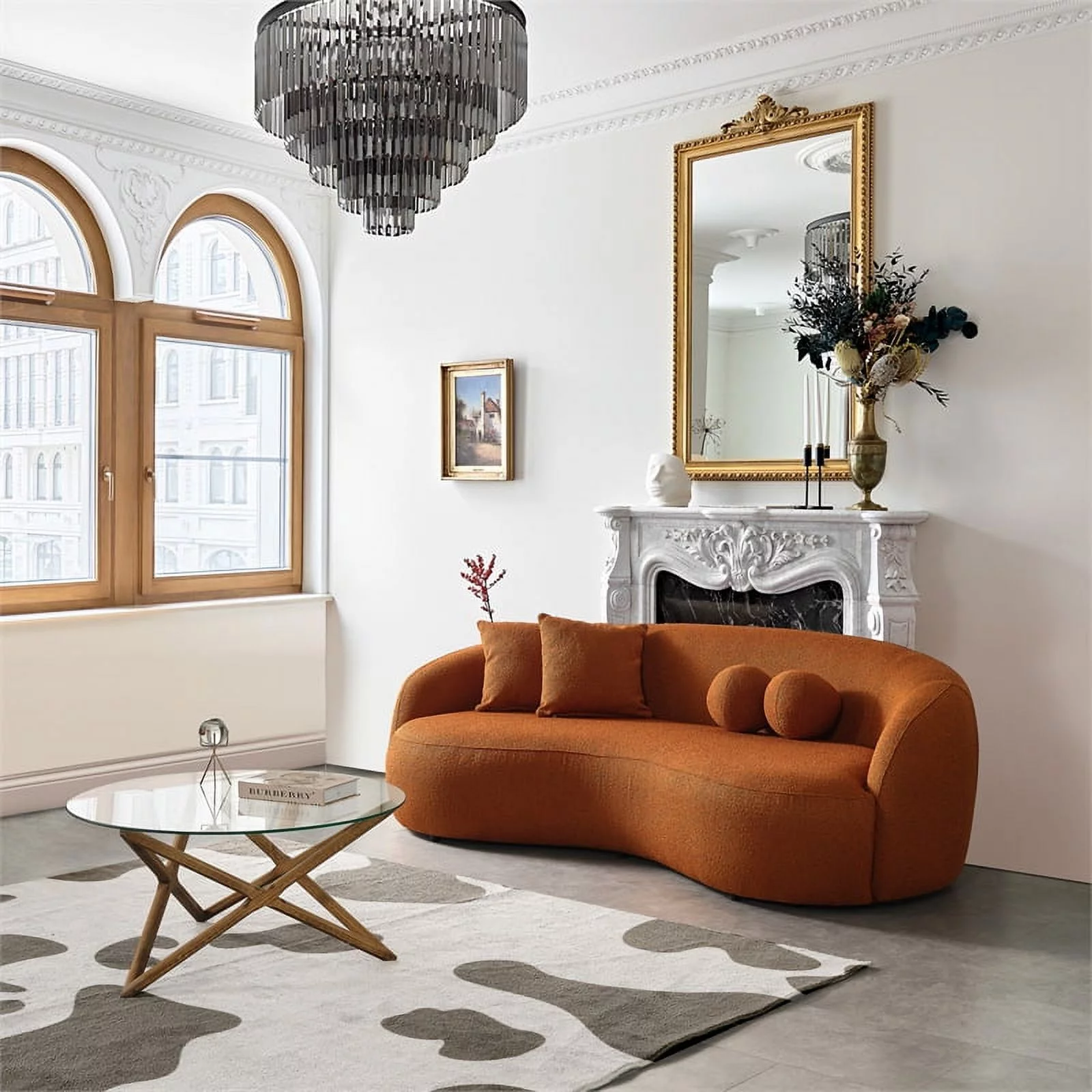 Bloom Japandi Style Luxury Modern Boucle Fabric Curvy Couch in Orange
