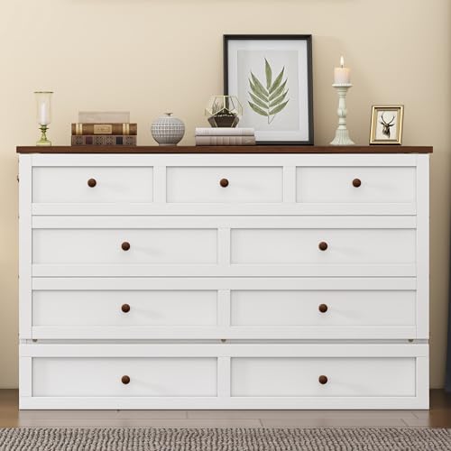 Merax Modern Farmhouse Solid Wood Murphy Bed Chest/Space Saving/Wood Slat Support/Queen,White+Walnut