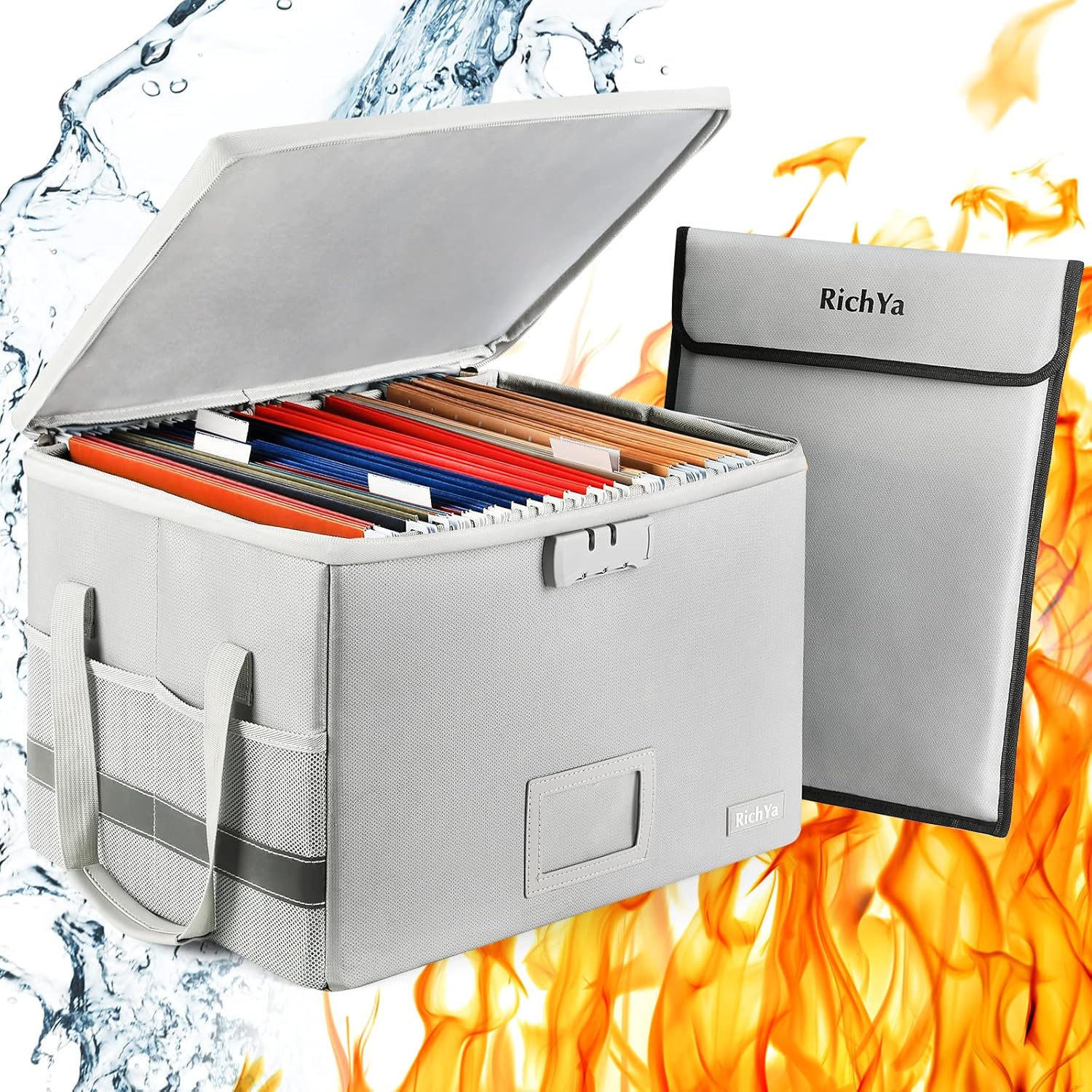 RichYa Fireproof Document Box with Lock, Foldable, with Handles, Waterproof and Fireproof Document Storage Box