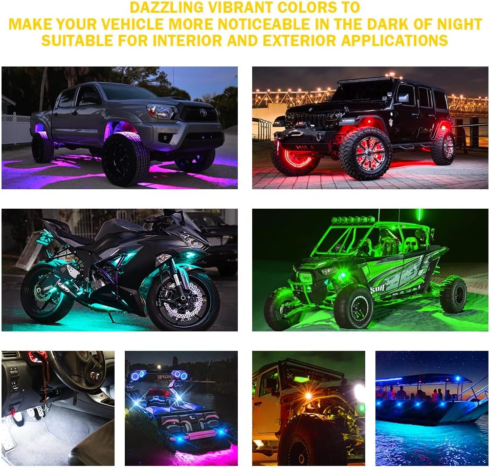 Xprite RGBW LED Rock Lights Kit w/Bluetooth & Wireless Remote Controller, Multicolor Cars Underglow, Whee Well, Footwell Neon Light Kits