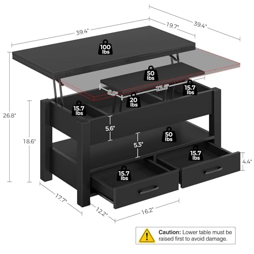 Rolanstar Coffee Table Lift Top, Multi-Function Convertible Coffee Table with Drawers and Hidden Compartment