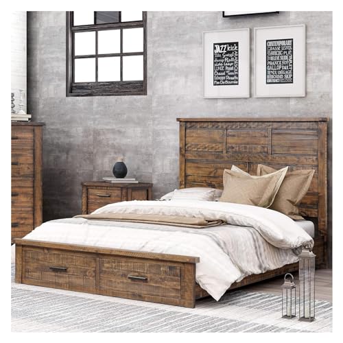 Solid Queen Bed Frame with 2 Storage Drawers, Queen Size Platform Bed Frame with High Headboard