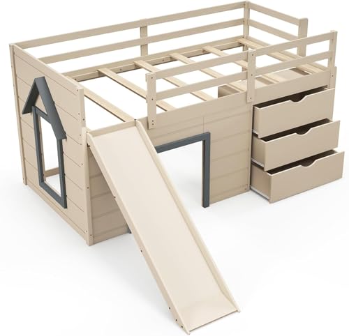 KOMFOTT Twin Low Loft Bed with 3 Storage Drawers & Underneath House, Wood Loft Bed with Slide, Ladder, Guardrails & Under-Bed Play Space