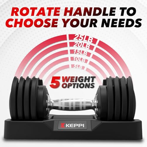 Keppi Adjustable Dumbbells Set-25lb/40lb/55lb/60lb, Anti-Slip Metal Fast Adjust Weight Handle, Exercise & Fitness for Full Body Workout