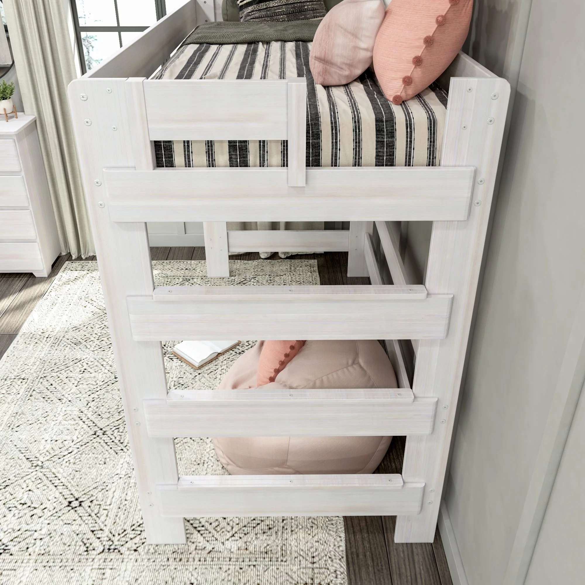 Max & Lily Modern Farmhouse High Loft Bed, Solid Wood Twin Loft Bed Frame for Kids, White Wash - Curated Treasures Market