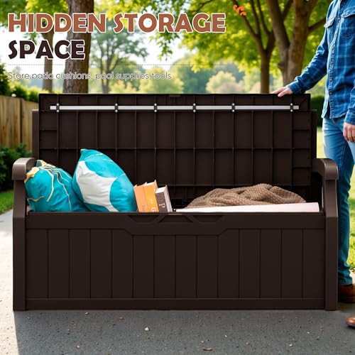 JUMMICO 80 Gallon Resin Outdoor Storage Bench, Large Deck Box with Armrest, Lockable & Waterproof for Garden, Home, Patio, Pools (Black)
