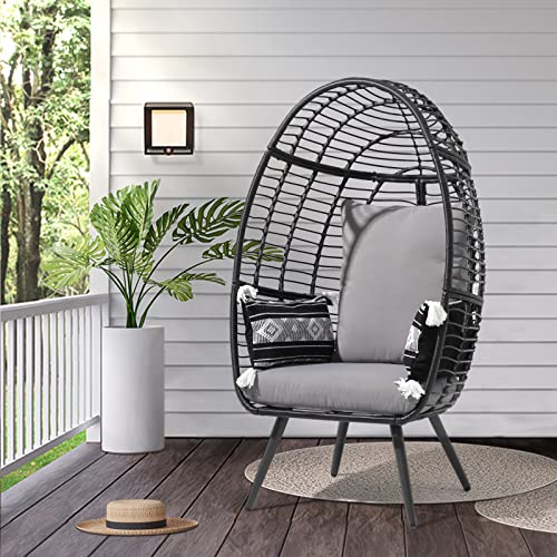 JOIVI Wicker Egg Chair, Oversized Indoor Outdoor Lounger Large Egg Basket Chair with Stand and Cushions for Patio Porch, Backyard, Living Room