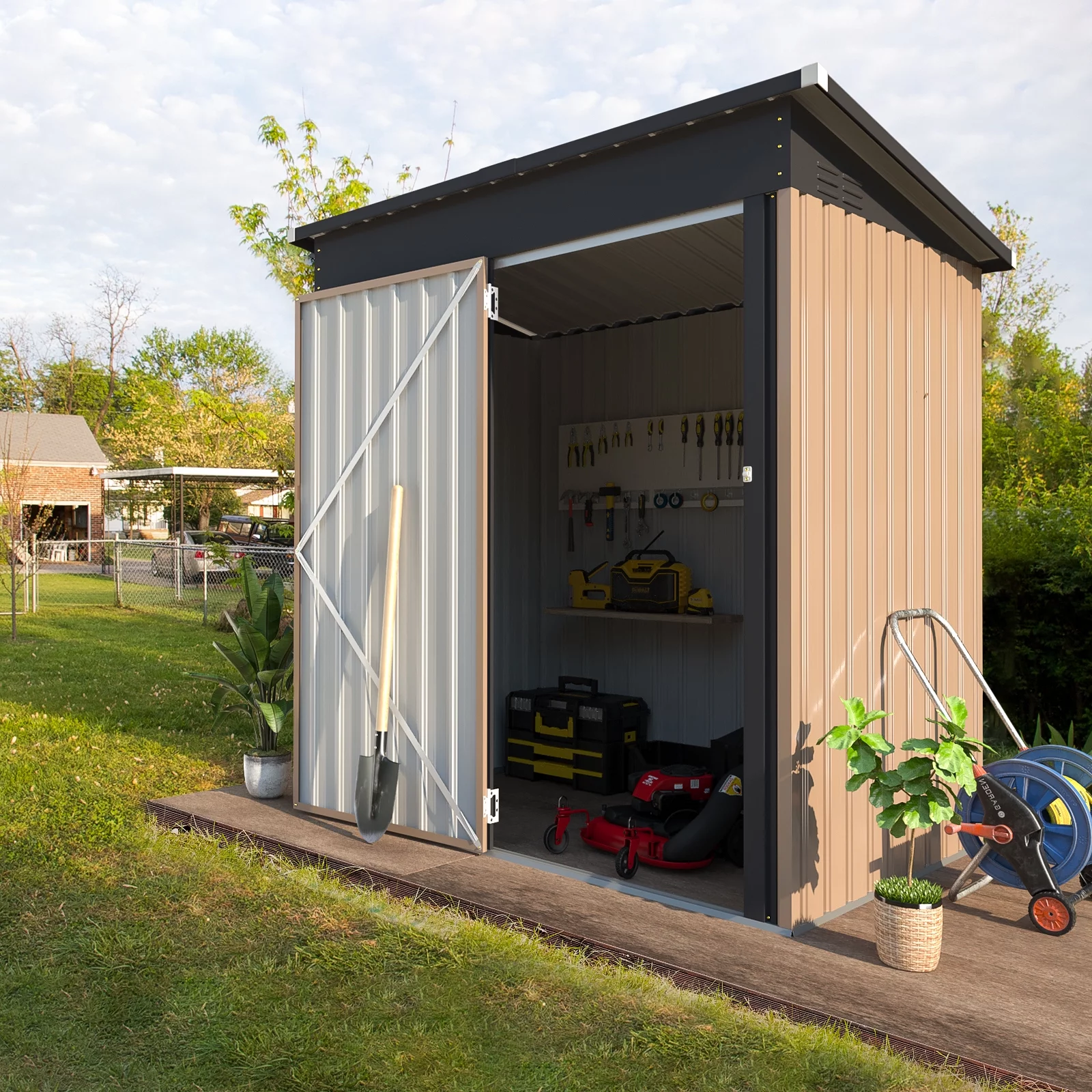 YODOLLA 5 x 3 ft. Outdoor Metal Steel Storage Shed with Sliding Roof & Lockable Door for Backyard, Garden