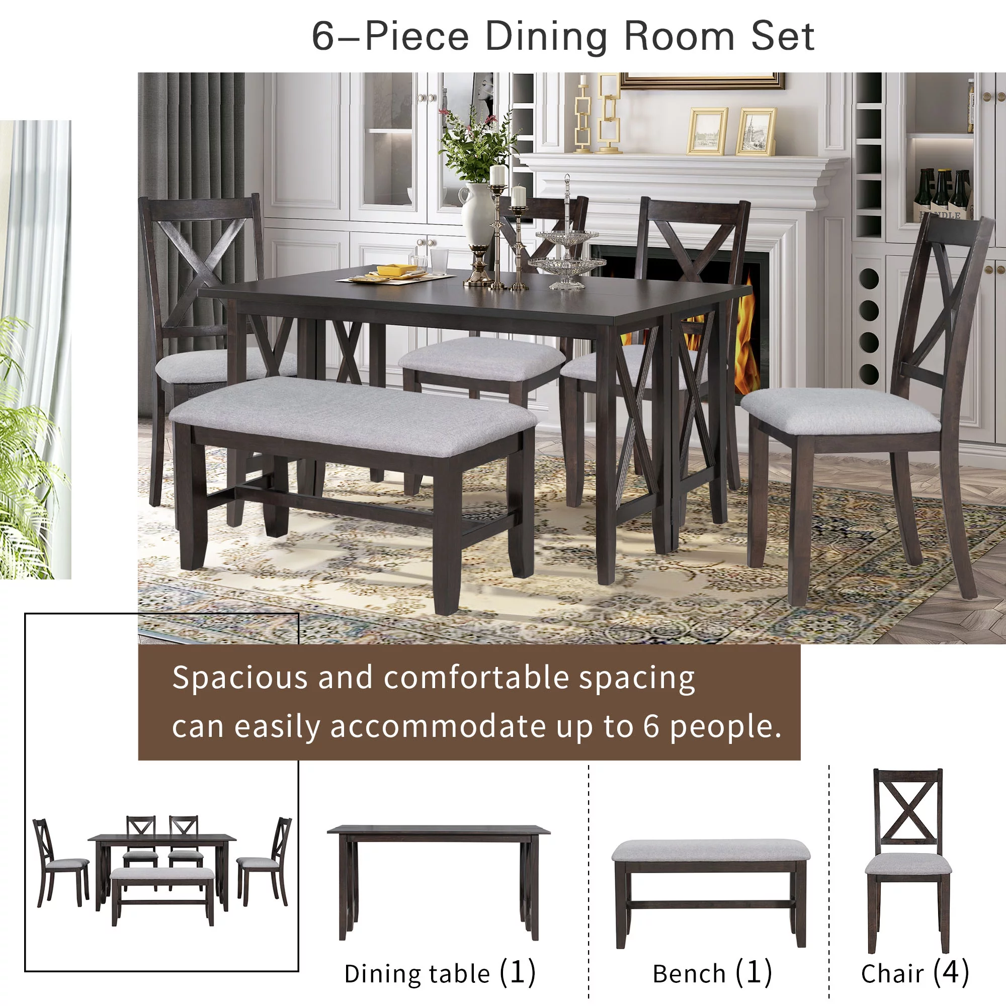 6 Pieces Dining Table Set, HSUNNS Foldable Wood Kitchen Table Set for 6 with Bench and 4 Cushioned Chairs