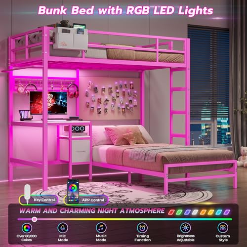 DICTAC Twin Over Twin Size Bunk Bed with Desk and Charging Station Metal Loft Bed with Led Lights & Storage Shelves and Drawers L-Shaped Bunk Bed for