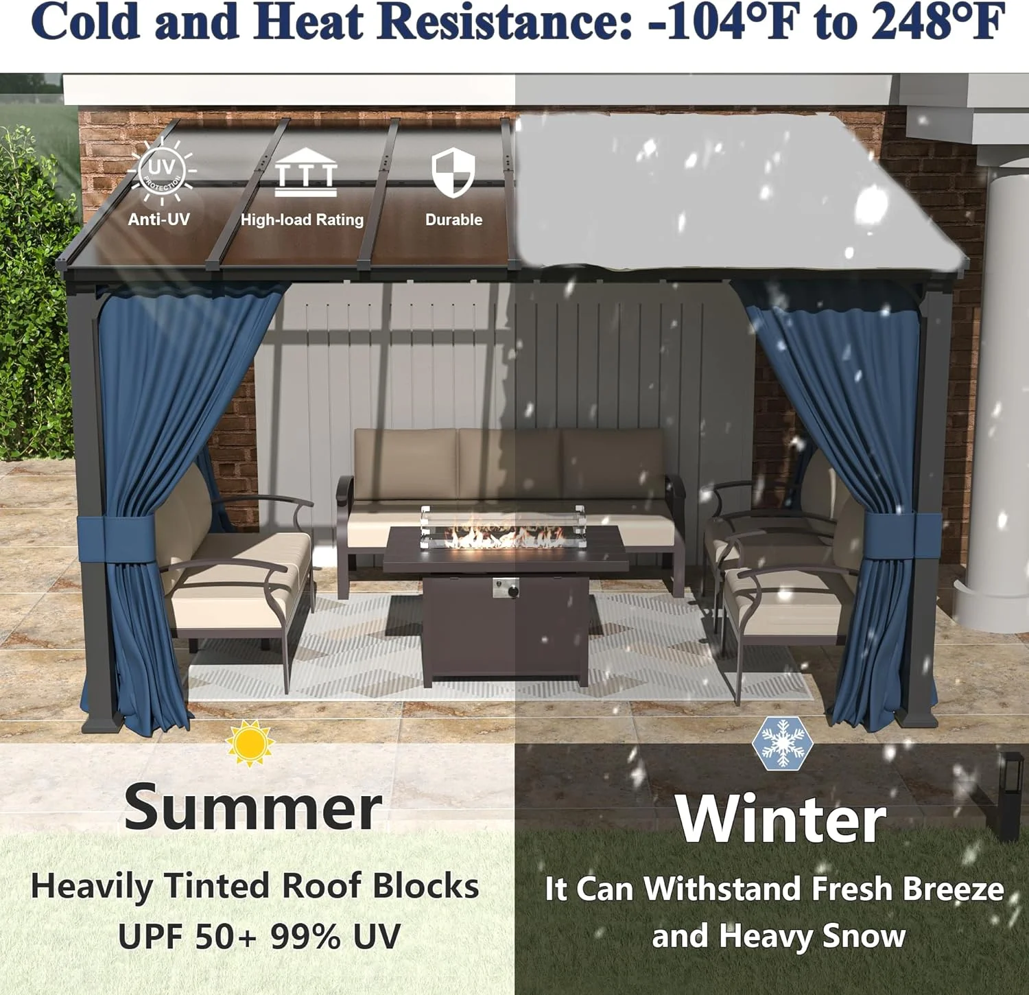 Outdoor Lean to Gazebo 10x12FT, Hardtop Wall Mounted Gazebo with Sloping Sun Panel Roof, Awnings for Patio with Metal Frame