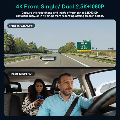 COOAU D30S 4K Dash Cam with GPS Wi-Fi, Front and Inside Dual 2.5K 1080P, Uber Car Camera with Infrared Night Vision, Supercapacitor, 4 IR LEDs