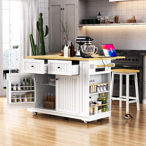 Kitchen Island with Drop Leaf & Power Outlet, Rolling Kitchen Islands Cart with 5 Open Storage Shelves & Towel Rack