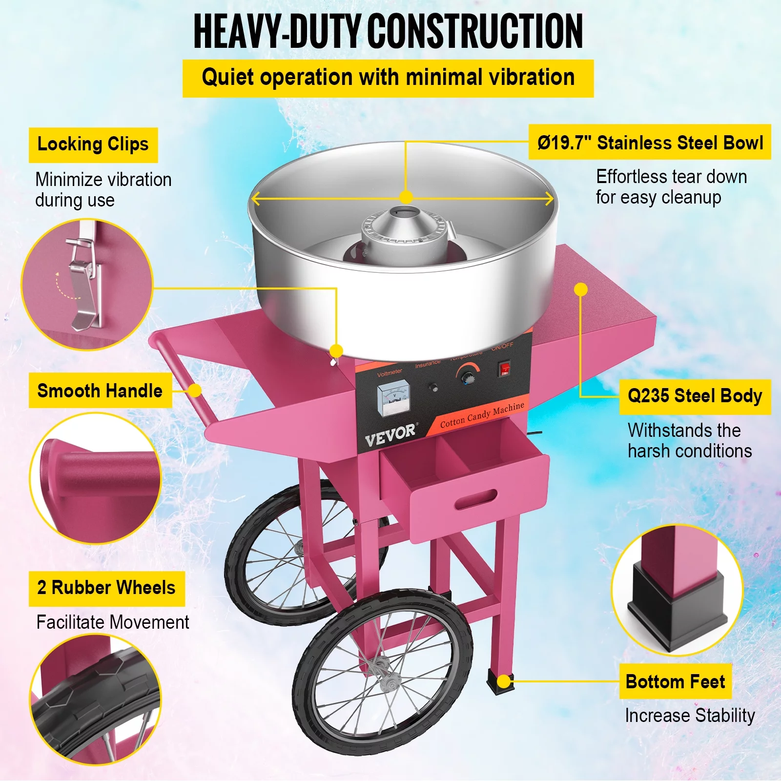 VEVOR 21" Commercial Cotton Candy Machine with Cart Pink Stainless Steel Electric Candy Floss Maker with Cart Perfect for Various Parties