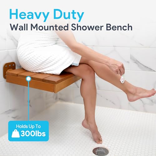 Wool & Ray Folding Shower Seat | Shower Seat for Inside Shower | Sturdy Teak Shower Bench | High End Teak Bench | Foldable Shower Chair | Teak Shower