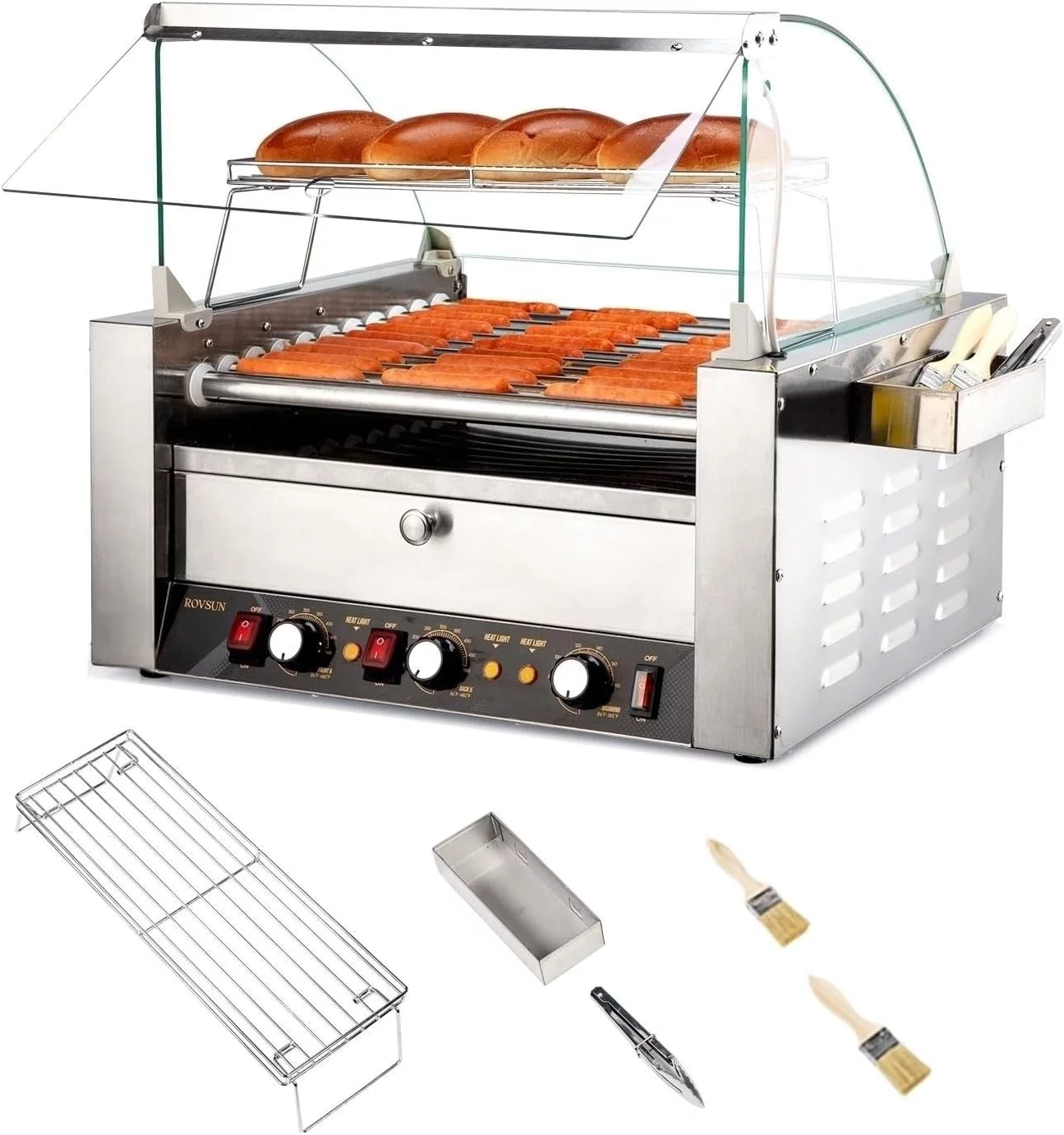 ROVSUN Hot Dog Roller Warmer 2000W, 11 Rollers 30 Hot Dog Roller Grill Cooker Machine w/Bun Warmer, Cover, Dual Temp Control, LED Light
