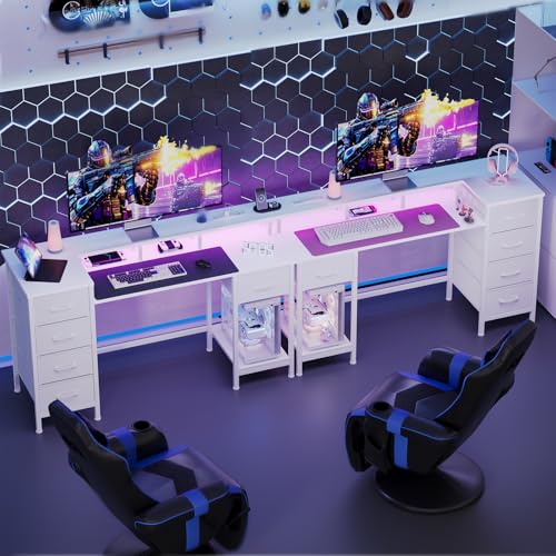 47 Inch Computer Gaming Desk with Power Outlets LED Lights Reversible Home Office with Adjustable Fabric Storage Drawers for Working Writing Study