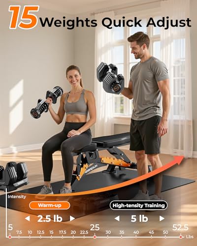 FEIERDUN Adjustable Dumbbell Set, 5-52.5lb Free Weight Dumbbells, 15 in 1, Quick Adjust Weight Set with Non-slip Handles and Tray