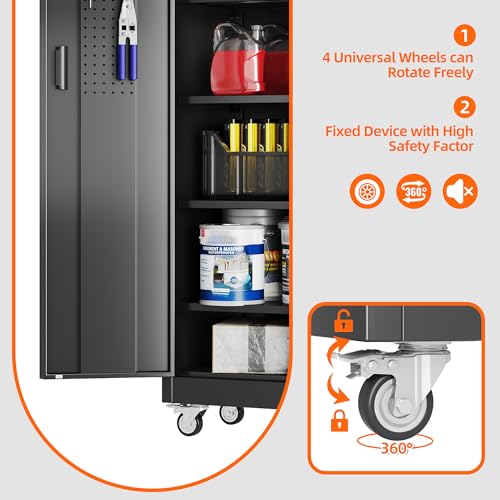 Aobabo 71" H×32" W×16" D Metal Storage Cabinet with Wheels, Garage Steel Storage Cabinet with 5 Adjustable Shelves and 4 Hooks for Home Office