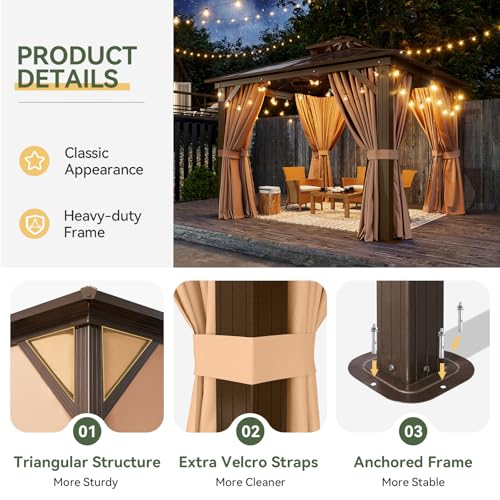 Aoxun 12'x10' Hardtop Gazebo, Aluminum Frame Permanent Pavilion with Curtains and Netting, Outdoor Polycarbonate Double Roof Canopy