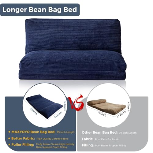 MAXYOYO Bean Bag Bed Folding Sofa Bed Floor Mattress for Adults, Extra Thick and Long Floor Sofa with Corded Washable Cover, Dark Grey, 30x95 Inch