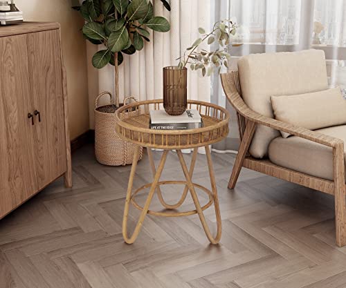 FINECASA Round Rattan Coffee Table, 32'' Wicker Boho Hand-Woven Top