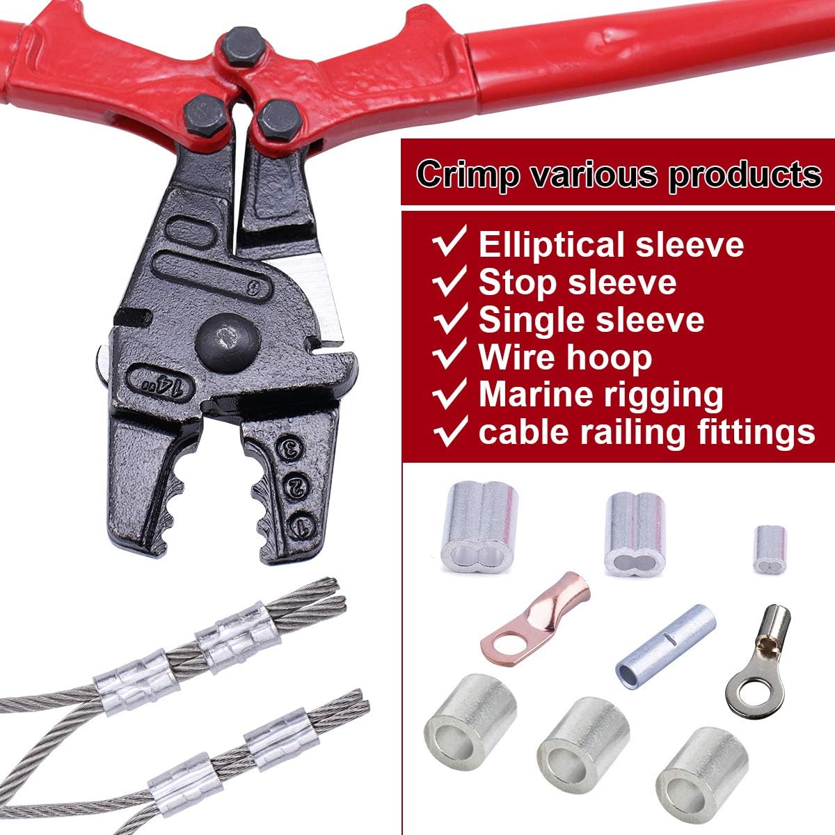 Muzata 14'' Wire Rope Hand Crimper Tool and Cable Cutter for Aluminum Copper Cable Railing ferrule for 1/16”,5/64”,3/32”,7/64”,1/8” Cables CT03,CT1
