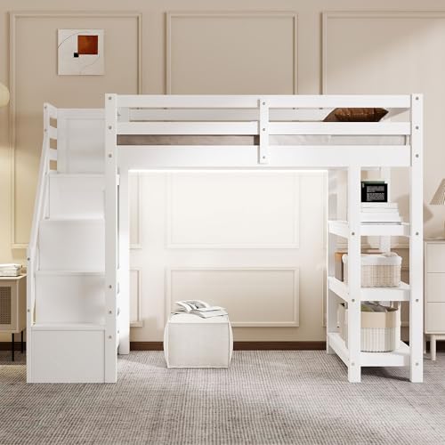 Gaming Bed with Desk,Wardrobe,Ample Storage Space,and RGB LED Light, Full Size Wood Loft Bed for Kids Bedroom (Cloud Blue/K)