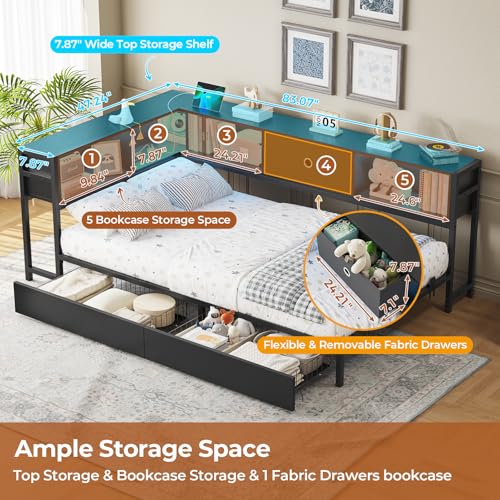 DICTAC Corner Full Bed Frame with Bookcase Storage and Led Lights Full Size Metal Platform Bed Frame with Storage Drawers & Charging Station Full