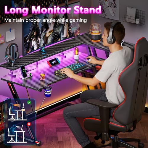 55 Inch Gaming Desk with Power Outlet & LED Lights, L Shaped Gamer Computer Table with Storage Shelves for Bedroom, Corner Home Office Desk