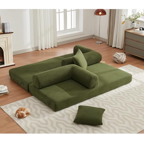 Convertible Sleeper Sofa Bed with Cylindrical Pillow, Corduroy Folding Mattress Couch with Fixed-Shape Frame